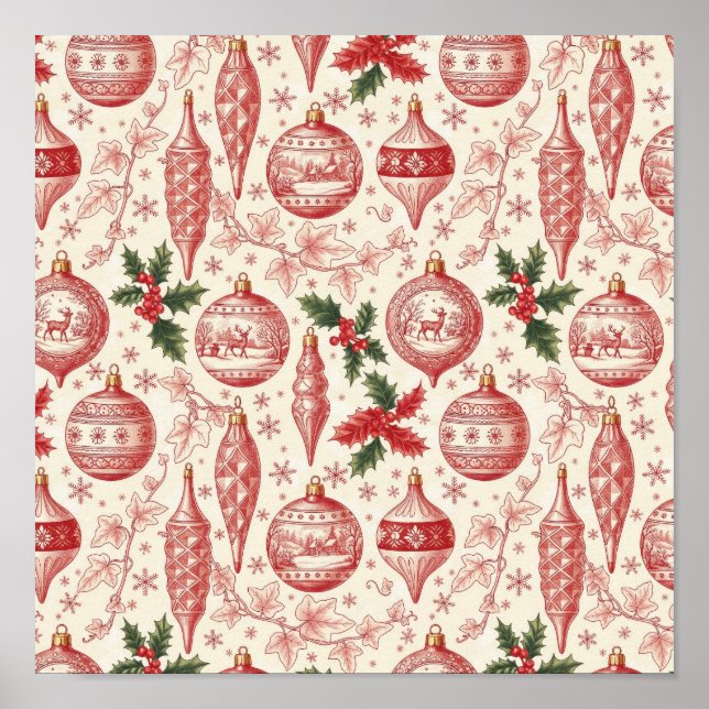 Red Toile Chinoiserie Christmas Ornaments Poster (Framsidan)