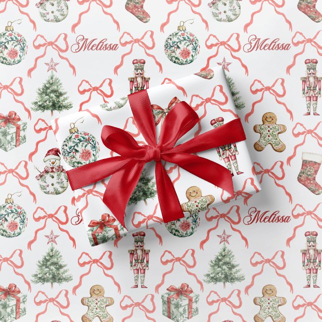 Red Toile Christmas Wrapping Paper Red Bow Presentpapper (Skapare uppladdad)
