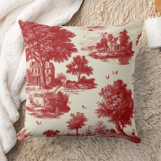 Red Toile Countryside Scene (12) Kudde (Filt)