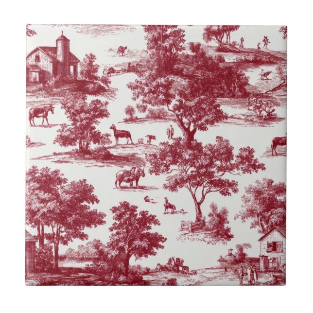 Red Toile Countryside Scene (6) Kakelplatta (Framsidan)