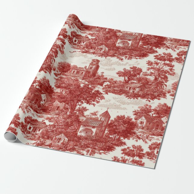 Red Toile Countryside Scene (8) Presentpapper (Utrullad)