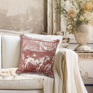 Red Toile de Jouy Hunting Hundar på landsbygden Kudde