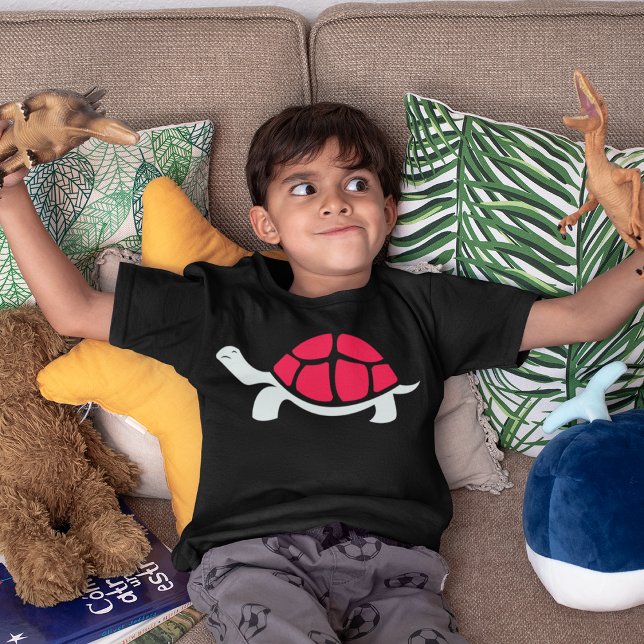 Red Tortoise T Shirt (Boy playing with dinosaur, wearing red shell turtle design)