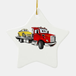 Red Tow Lastbil Flatbed Tecknad Julgransprydnad Keramik