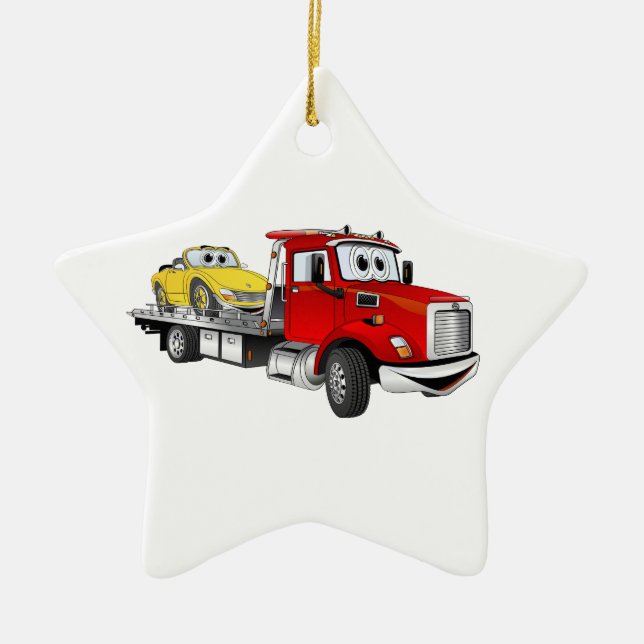 Red Tow Lastbil Flatbed Tecknad Julgransprydnad Keramik (Framsidan)