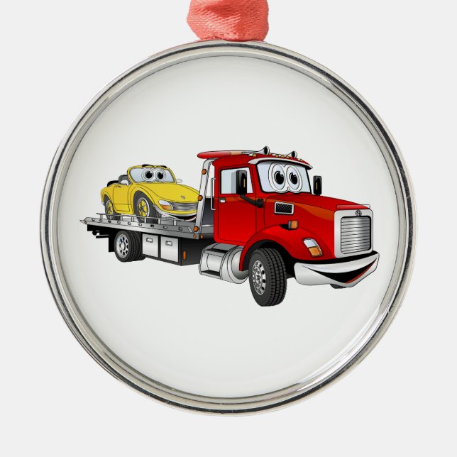 Red Tow Lastbil Flatbed Tecknad Julgransprydnad Metall (Framsidan)