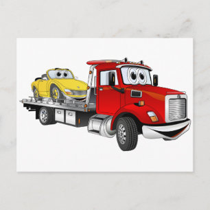 Red Tow Lastbil Flatbed Tecknad Vykort