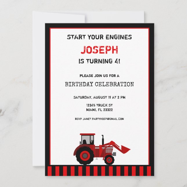 Red Tractor Birthday-inbjudan Inbjudningar (Framsida)