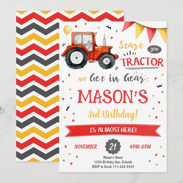 Red Tractor Birthday-inbjudan Inbjudningar (Fram/baksida)