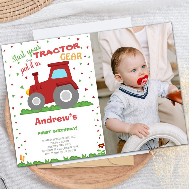 Red Tractor Birthday-inbjudningar med foto Inbjudningar (Red Tractor Birthday Invitations with photo)