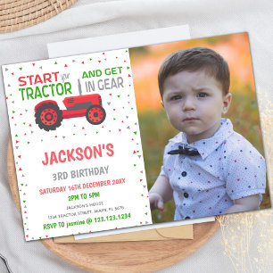 Red Tractor Birthday-inbjudningar med foto Inbjudningar