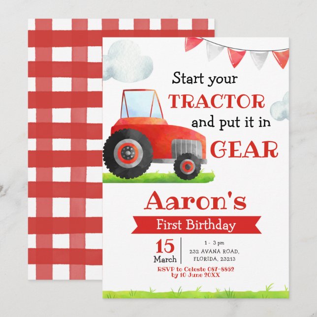 Red Tractor Boy Birthday-inbjudan Inbjudningar (Fram/baksida)