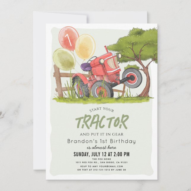 Red Tractor Farm Boy 1:a födelsedagen Inbjudningar (Framsida)