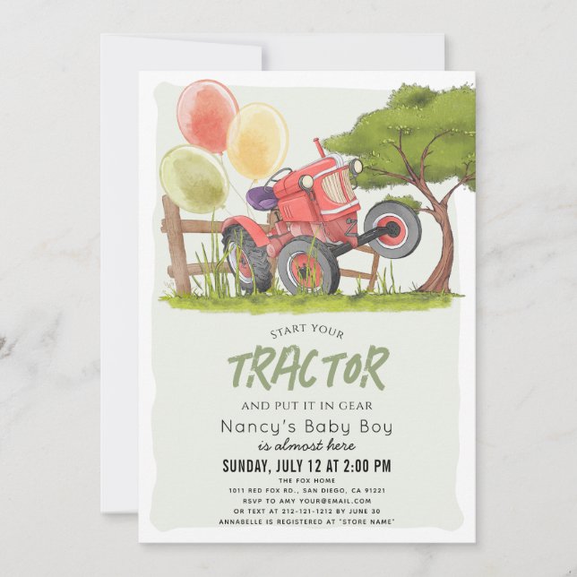 Red Tractor Farm Boy Baby Shower Inbjudningar (Framsida)