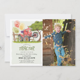 Red Tractor Farm Boy Photo Birthday Inbjudningar