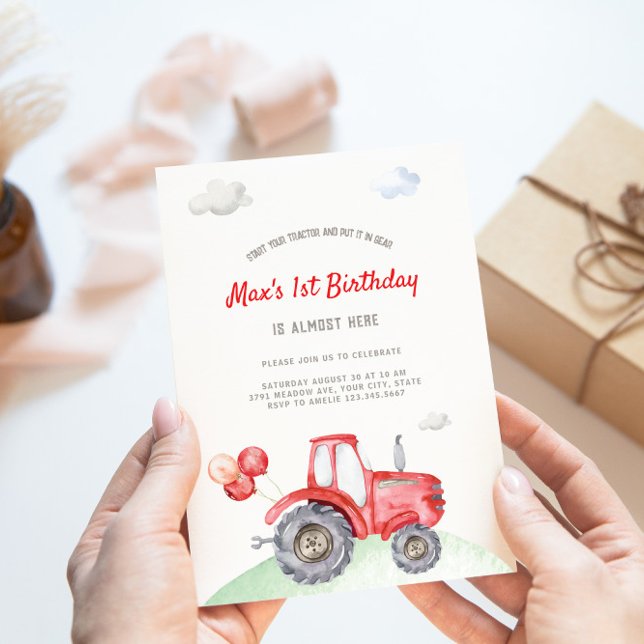Red Tractor Festive Balloons Birthday Call Inbjudningar (Skapare uppladdad)
