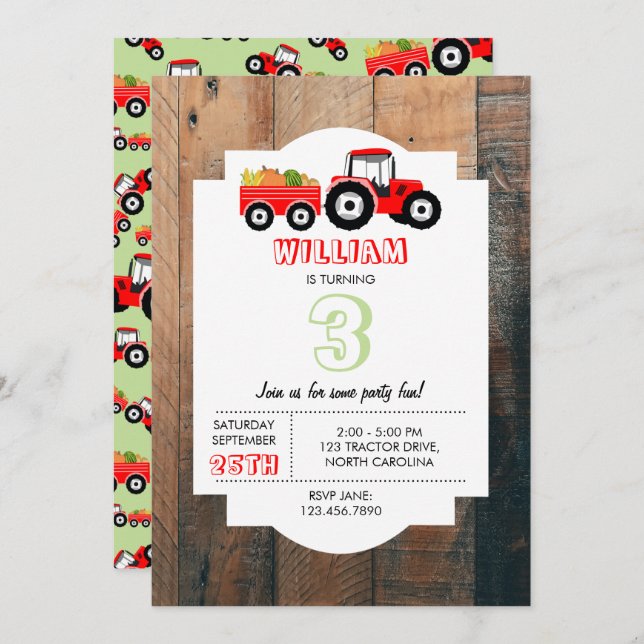 Red Tractor Lastbil Farm Producducer Birthday Inbjudningar (Fram/baksida)