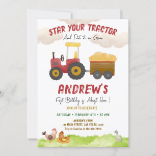 Red Tractor, oavsett ålder, Farm Boy-födelsedag Inbjudningar