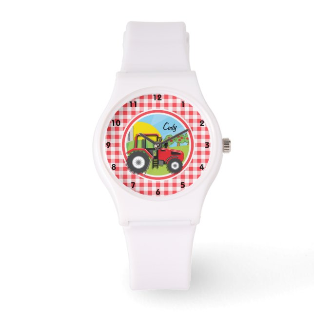 Red Tractor on Red and White Gingham Armbandsur (Framsida)