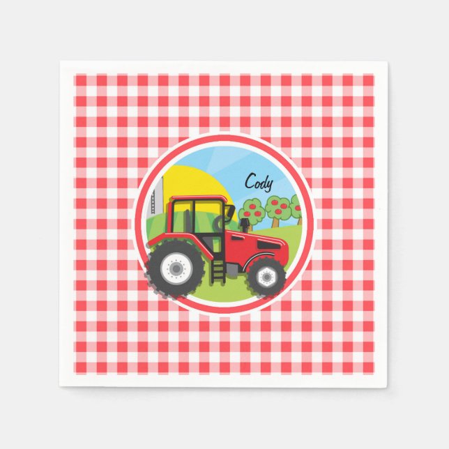 Red Tractor on Red and White Gingham Pappersservett (Framsidan)