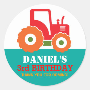 Red Tractor Tecknad Barns födelsedag Party Sticker Runt Klistermärke