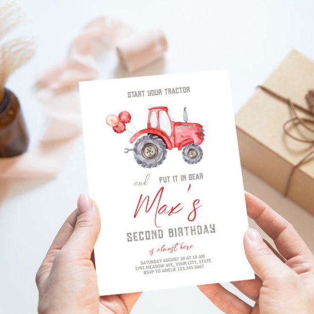 Red Tractor Theme Birthday-inbjudan Inbjudningar (Skapare uppladdad)