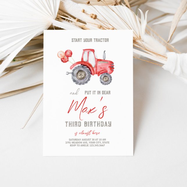 Red Tractor Theme Birthday-inbjudan Inbjudningar (Skapare uppladdad)
