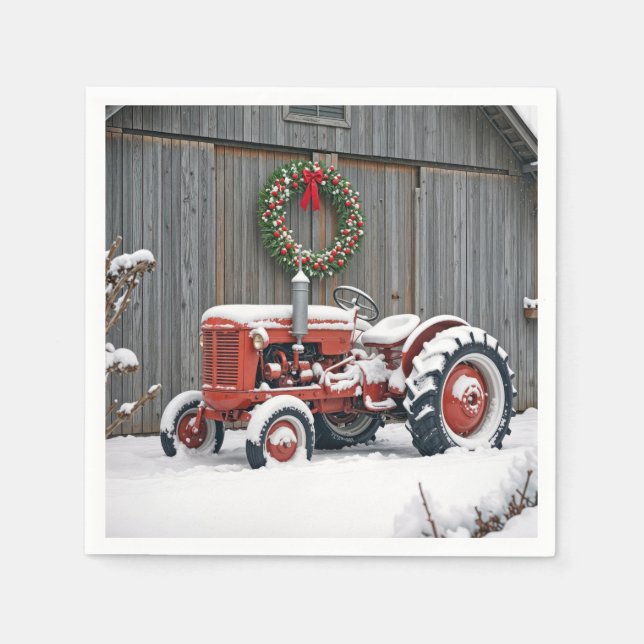 Red Tractor With Christmas Wreath Pappersservett (Framsidan)