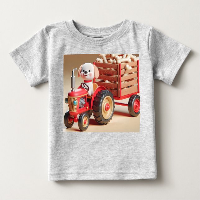 Red Tractor with Puppy and Bones T Shirt (Framsida)