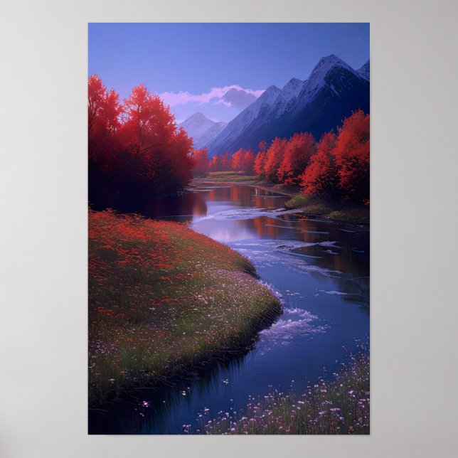Red Träd och Flowers vid floden Poster (Framsidan)