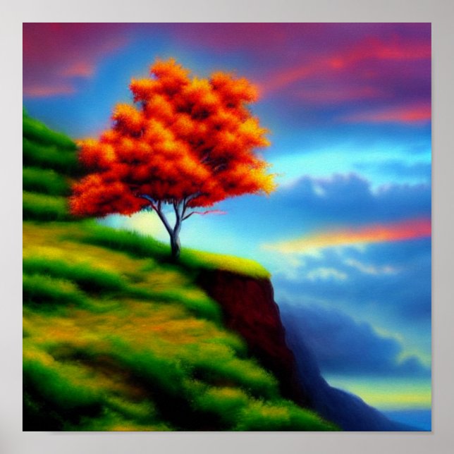 Red Träd på en Cliff vid Sunset Poster (Framsidan)