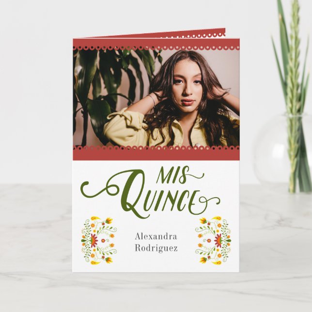 Red Traditional Mexican Blommigt Photo Quinceanera Inbjudan (Framsida)