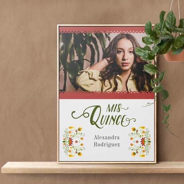 Red Traditional Mexican Blommigt Photo Quinceanera Poster (Skapare uppladdad)