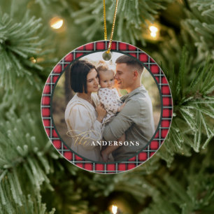 Red Traditional tartan personlig christmas Julgransprydnad Keramik