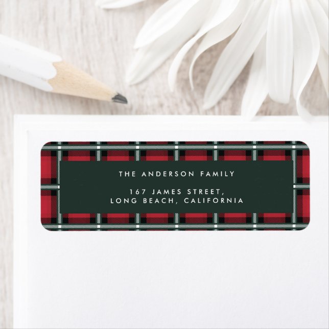 Red Traditional tartan personlig christmas labe Returadress Etikett (Insitu)