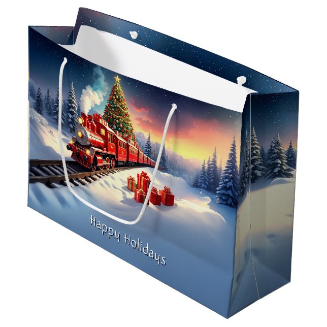 Red Train Christmas Tree Holiday Gift Bag (Framsidan Vinklad)