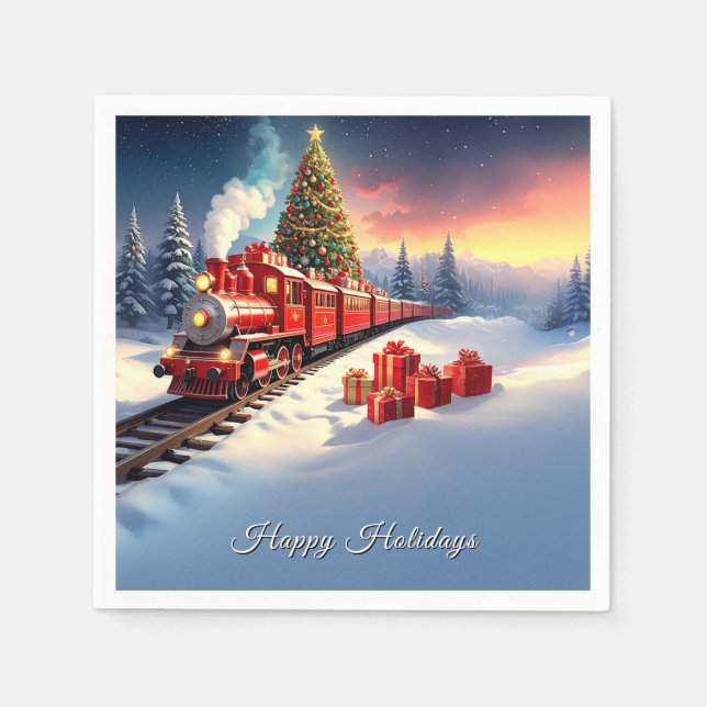 Red Train Christmas Tree Holiday Napkin Pappersservett (Framsidan)
