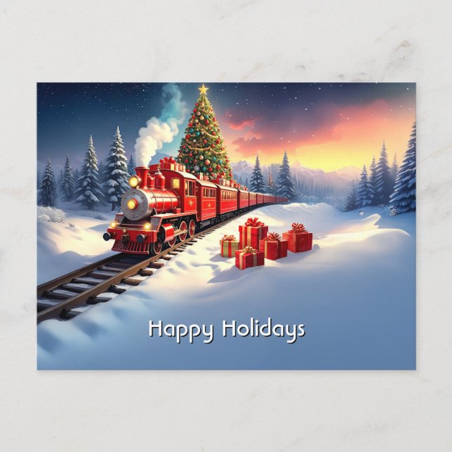 Red Train Christmas Tree Holiday Postcard Vykort (Framsida)