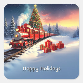 Red Train Christmas Tree Holiday Sticker Fyrkantigt Klistermärke