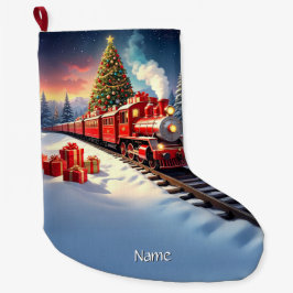Red Train Christmas Tree Holiday Stocking Stor Julstrumpa
