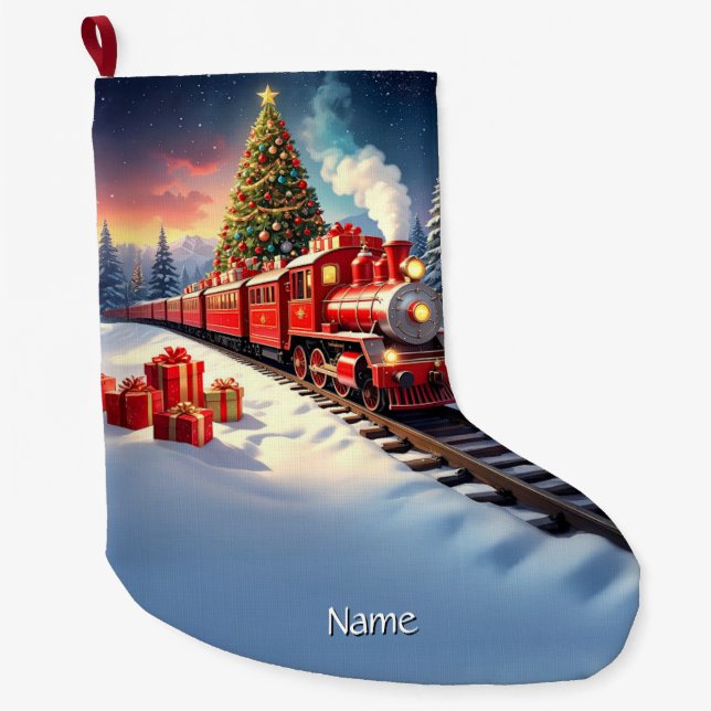 Red Train Christmas Tree Holiday Stocking Stor Julstrumpa (Framsidan)