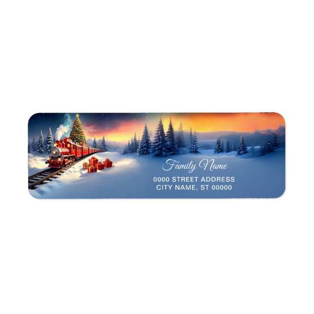 Red Train Christmas Tree Return Address Label Returadress Etikett (Framsidan)