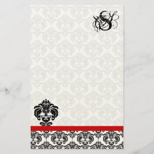 Red Trim Black Damask Monogram Brevpapper