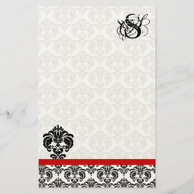Red Trim Black Damask Monogram Brevpapper (Framsida)