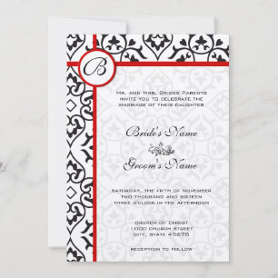 Red Trim Black Heart Damask Side Gräns Bröllop Inbjudningar