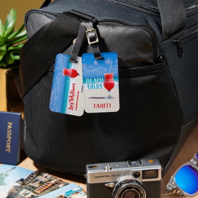 Red Tropical Cocktail Beach Bliss Ocean Vacation Bagagebricka (Fram & Baksida)