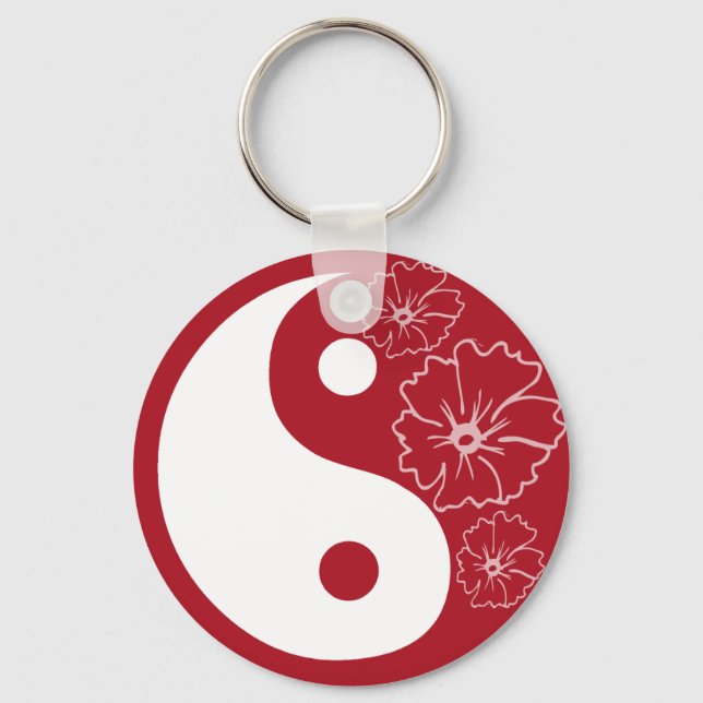 Red Tropical Flower Yin Yang Keychain Nyckelring (Framsida)