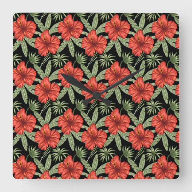 Red tropical flowers seamless pattern green leaves fyrkantig klocka (Framsida)