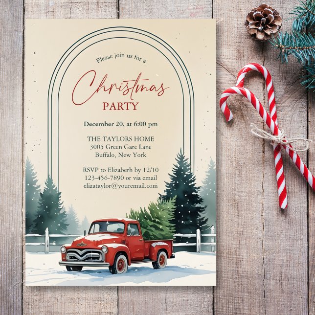 Red Truck Snowy Pine Trees Rustic Christmas Party Inbjudningar (Personalized Rustic Christmas Party Invitation – Red Vintage Truck, Snowy Pine Trees & Arch Frame)