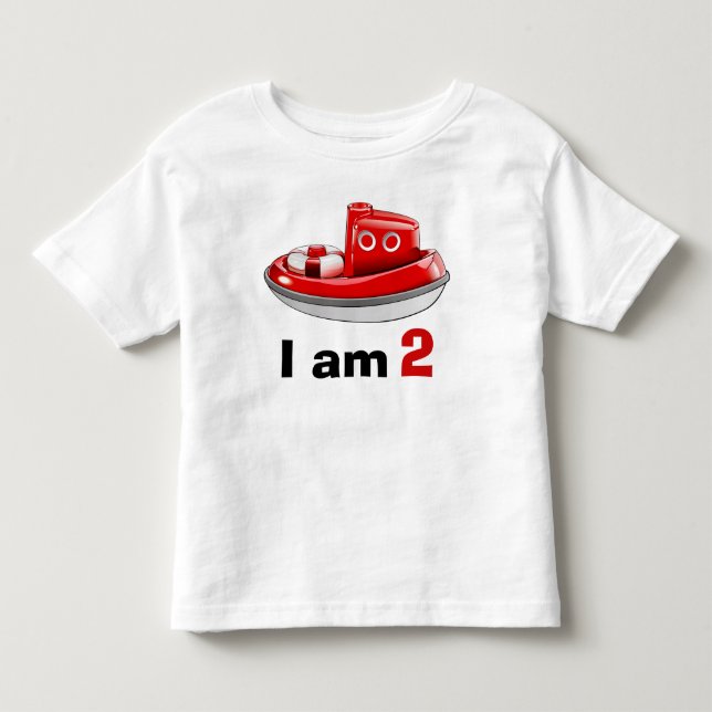 Red Tugboat Birthday Age 2 T Shirt (Framsida)